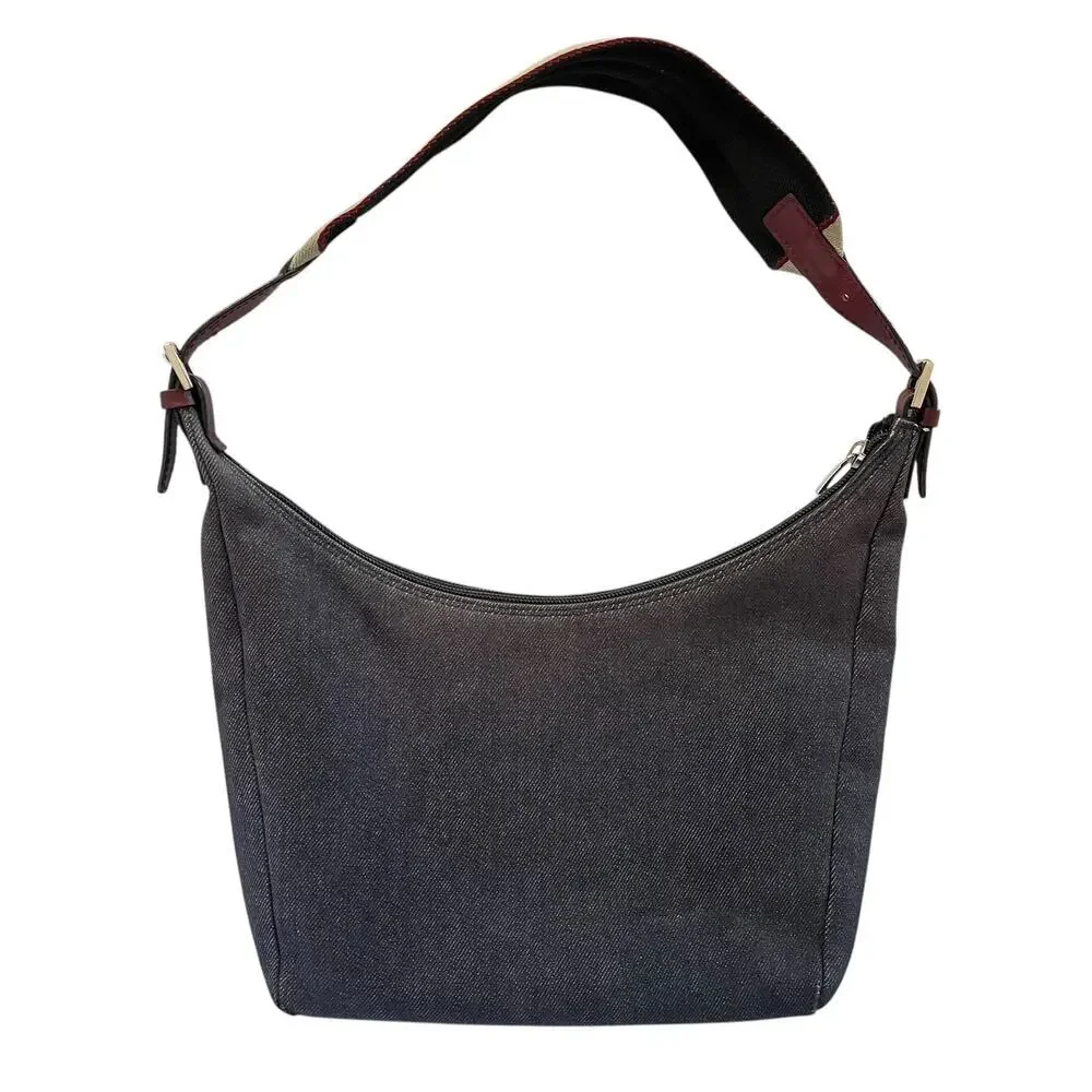 Burberry Vintage Y2K Denim Blue Icon Stripe Leather Strap Hobo Shoulder Bag